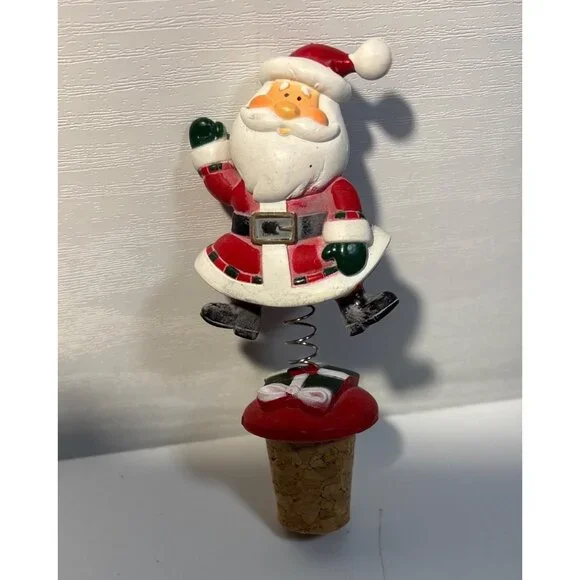 Santa Claus Wine Bottle Stopper Spring Design Cork Base 4" - Picture 2 of 6